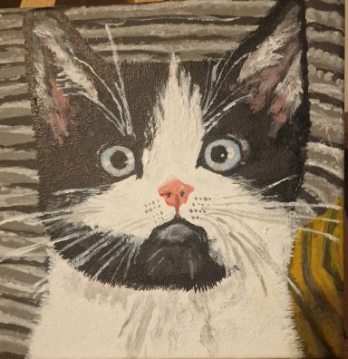 Pet portrait painting of a black and white kitten