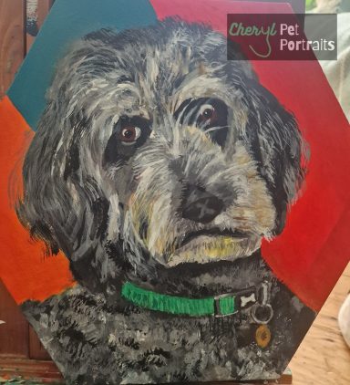 A picture of the painted portrait of Mora the Goldendoodle painted by Cheryl Evans
