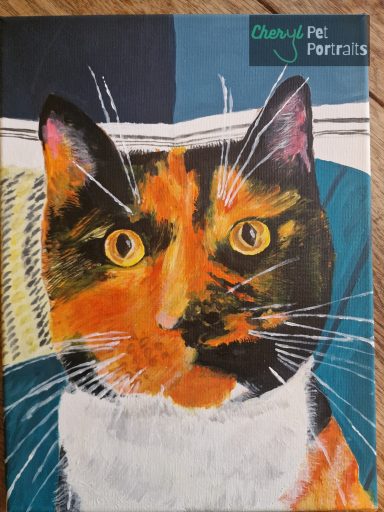 A picture of a painting of Margot the cat.