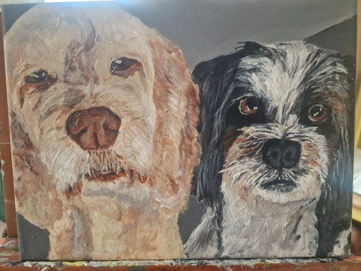 Pet portrait painting of a Spoodle and Multipoo