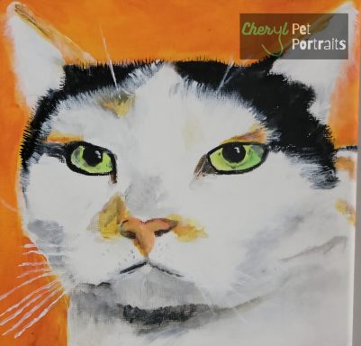 A picture of a painting of Luna the cat made by Cheryl Evans